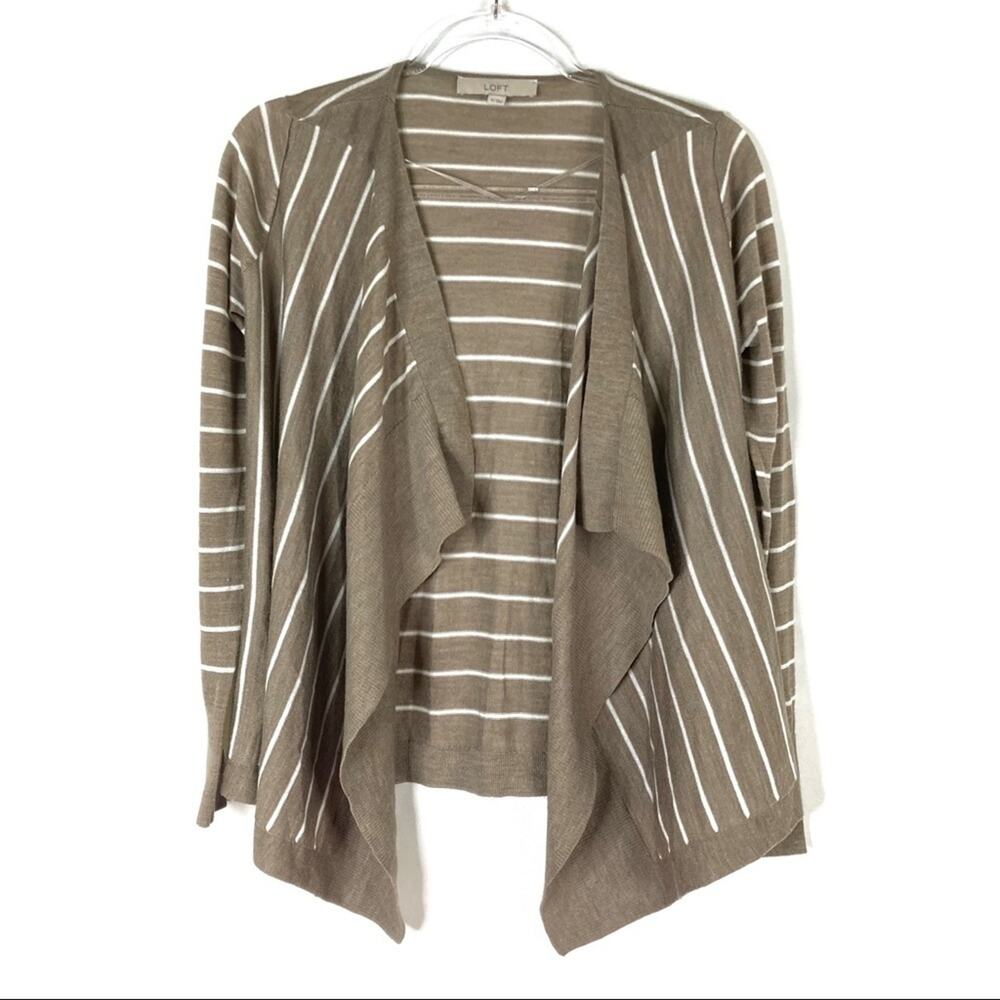 LOFT Light Brown Striped Wool Blend Open Front Cardigan Sweater Womens XS